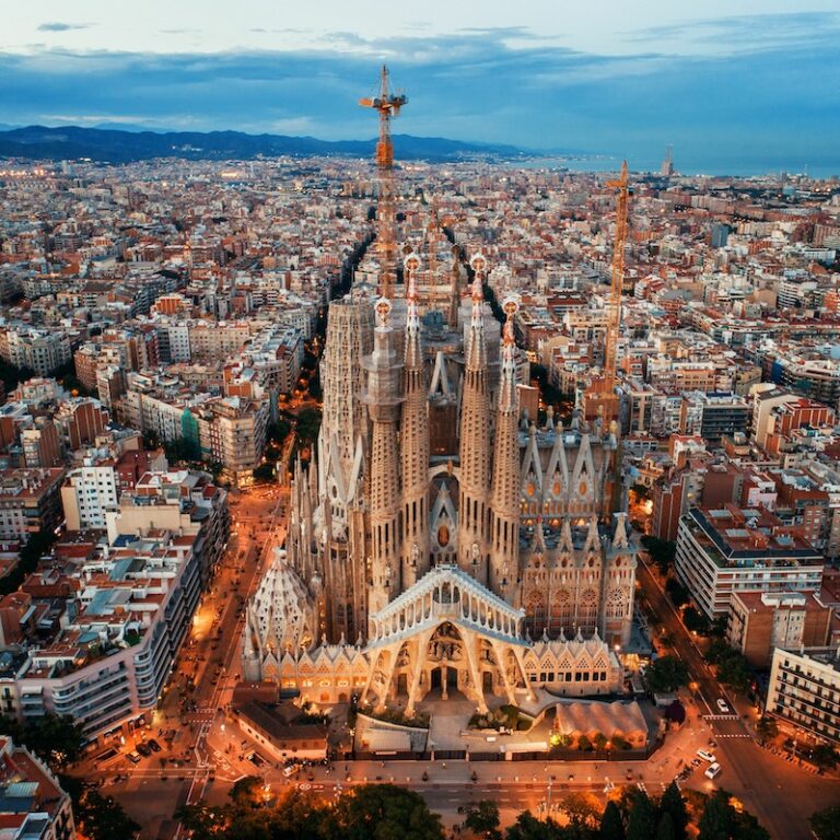 Sagrada Familia Basilica aerial view as the famous landmark in Barcelona, Spain